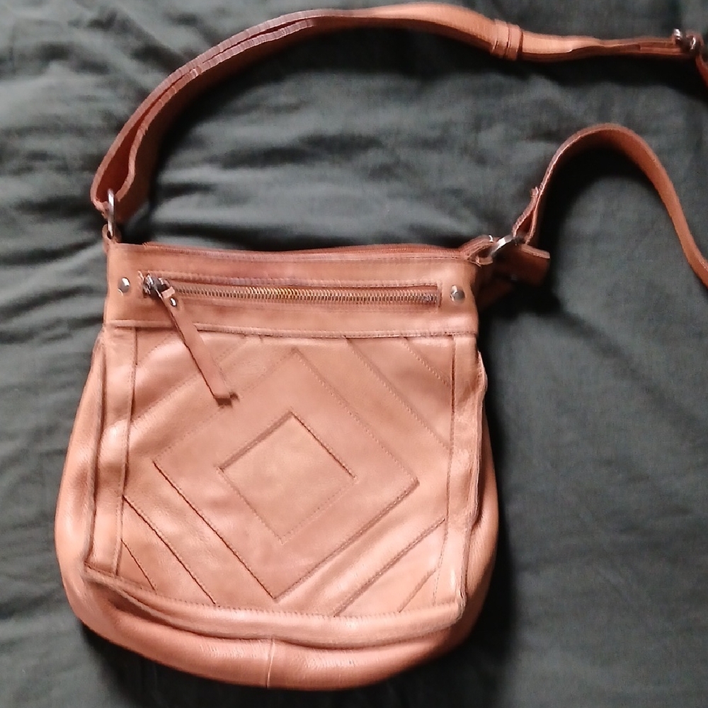 Lucky Brand Tan Leather Crossbody with Geometric Stitching